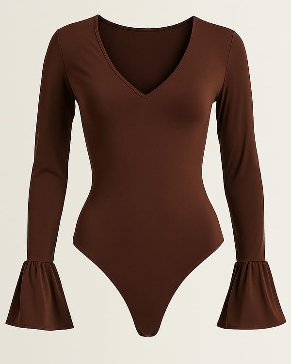 Body Marrone Scollo V Con Maniche a Campana