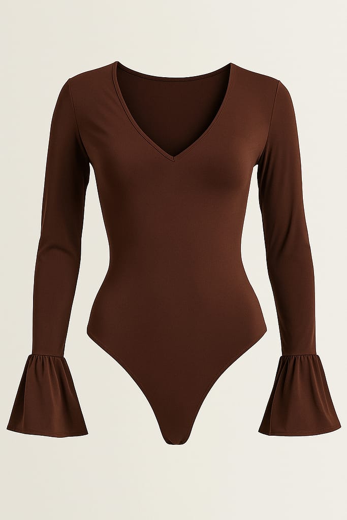 Body Marrone Scollo V Con Maniche a Campana